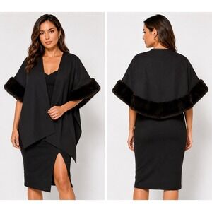 Trina Turk Womens Black Faux Fur Trim Cape Wrap Vest Jacket Open Front Sz M USA